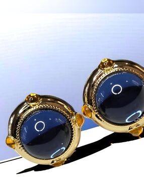 18k Gold Plated Chunky Byzantine Sapphire Citrine Glass Cabochon Earrings